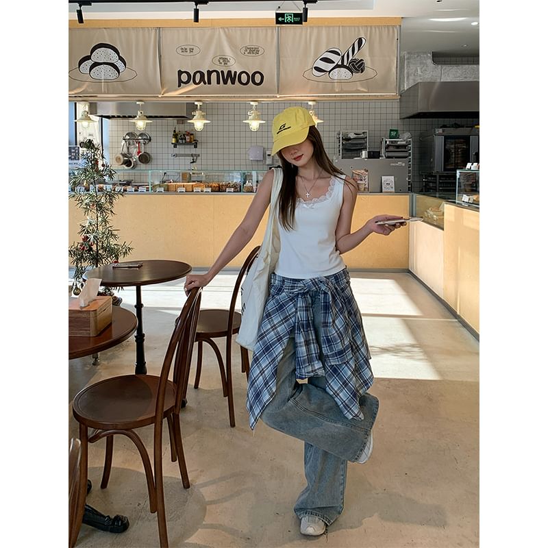 Trim Top Plain Slim Lace Bow Fit Square Tank Neck