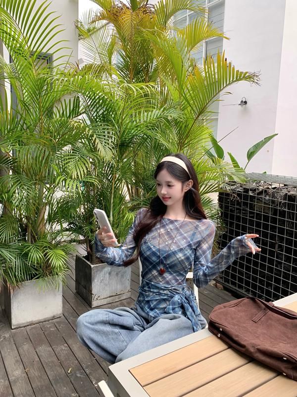 Sheer Neck Asymmetrical Plaid Boat Long-Sleeve T-Shirt