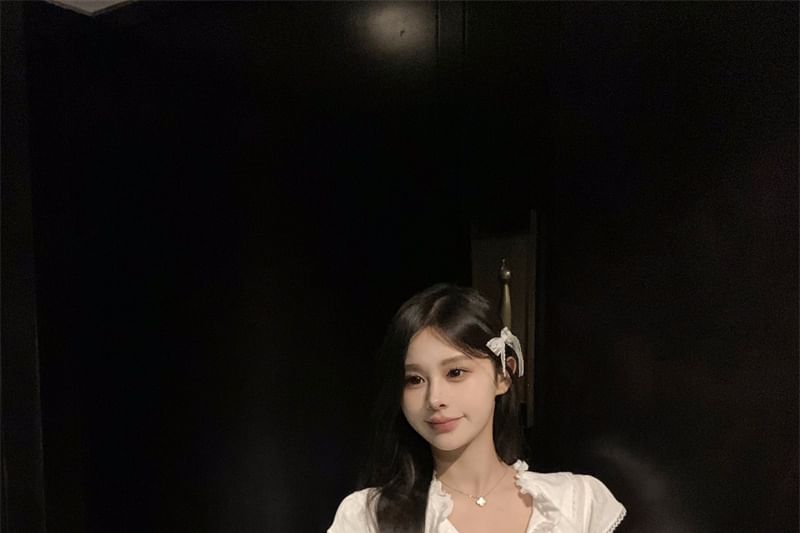 Lace Ruffle Plain Cap-Sleeve Trim T-Shirt