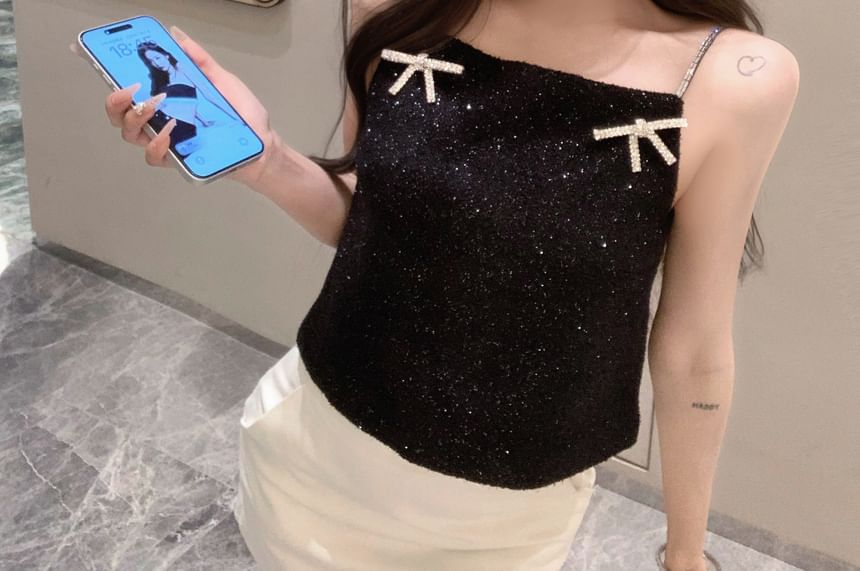 Cami Top Rhinestone Bow Glitter