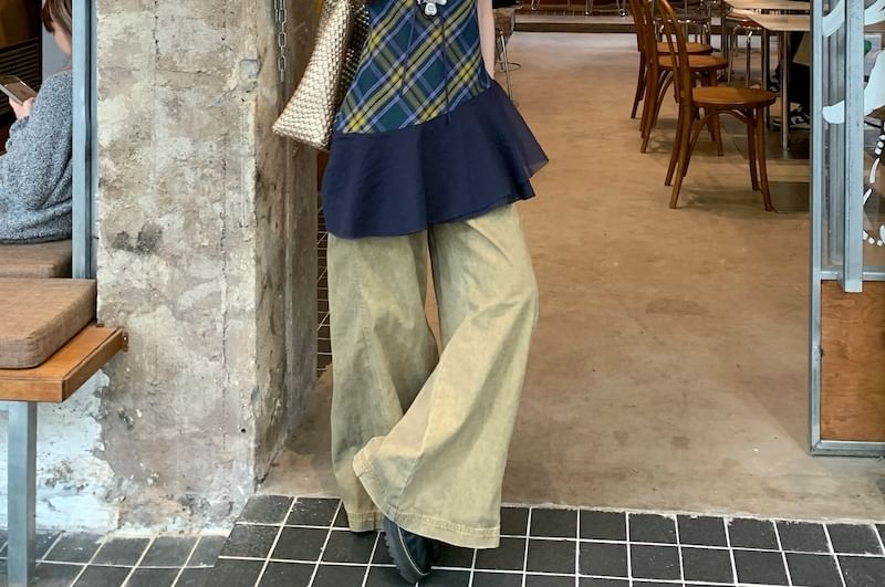 V-Neck Panel Halter Top Plaid