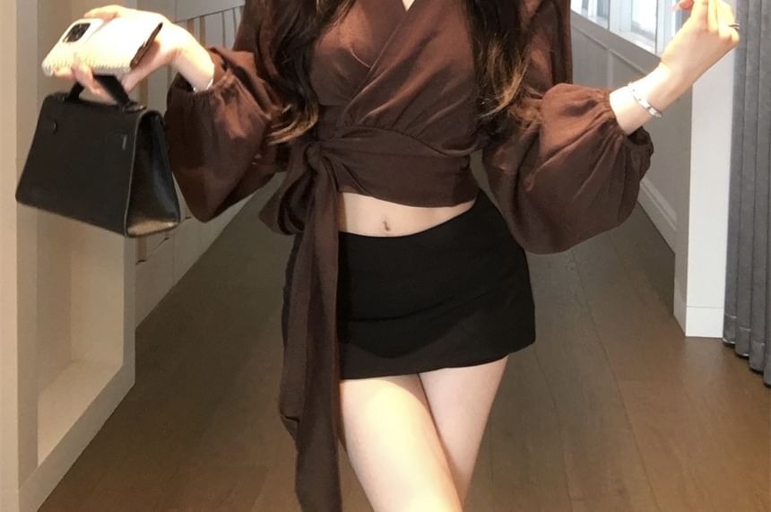 Plain Long Sleeve V-Neck Blouse Crop Wrap