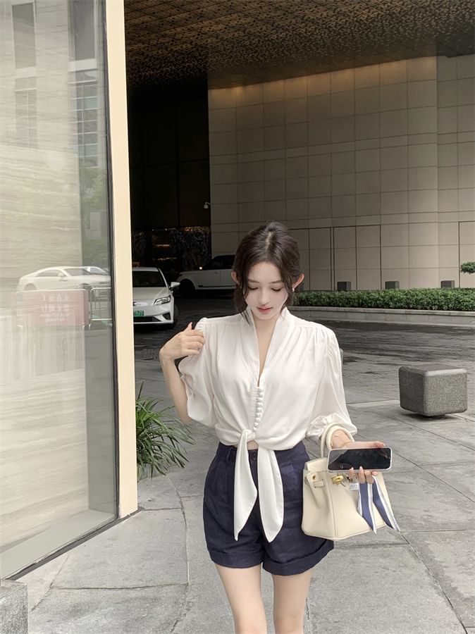 Plain Blouse Elbow Sleeve Tie V-Neck Front