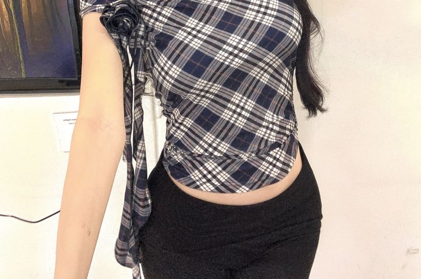 Sleeve Plaid Shoulder Top Off Short