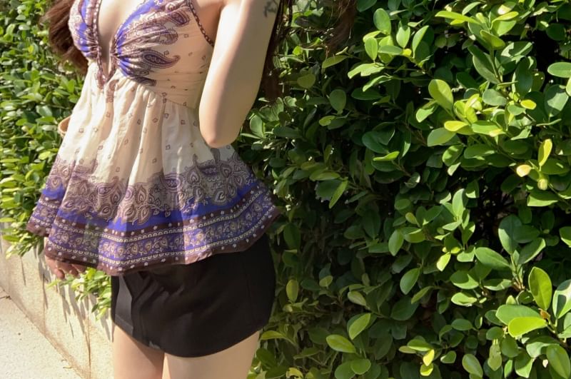 Top Camisole Peplum Print V-Neck Paisley