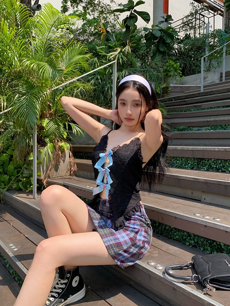 Cutout Lace Bow Camisole Trim Top