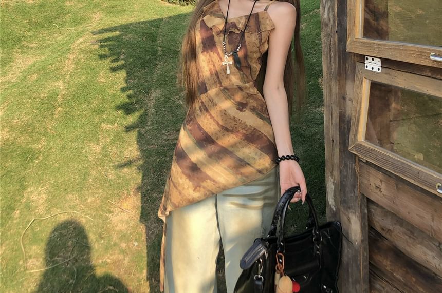 Asymmetrical Printed Top Camisole Ruffled