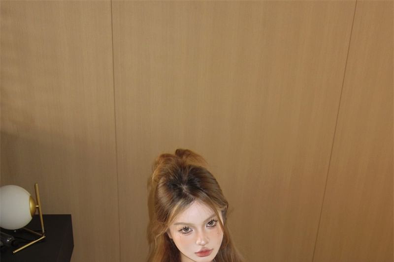 Set: Crop Print Mesh Top + Tube Camo Off-Shoulder Long-Sleeve