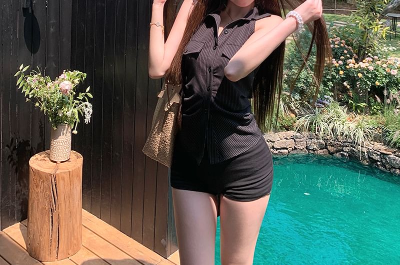 Shirt Halter-Neck Shirred Striped Button-Up