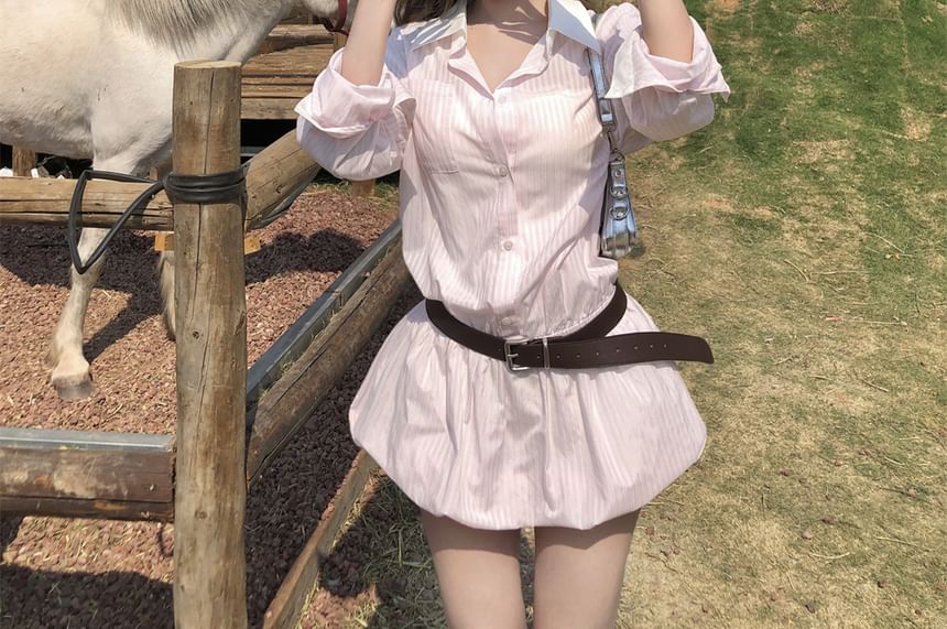 Long-Sleeve Set: Button-Up Belt + Striped Mini Shirtdress