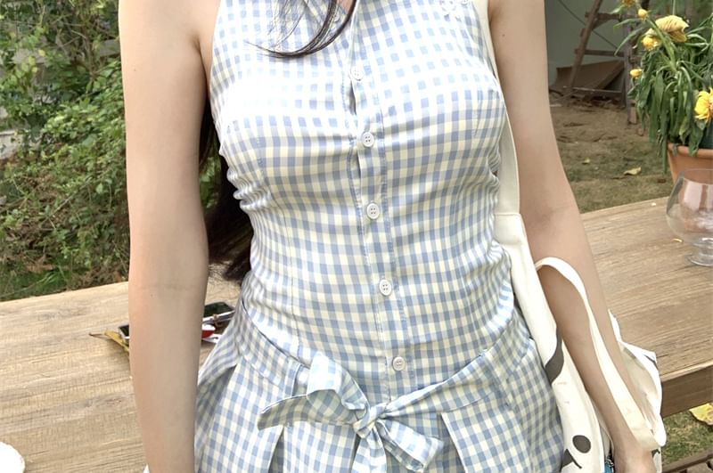 Pleated Halter-Neck Button-Up Dress Mini A-Line Gingham