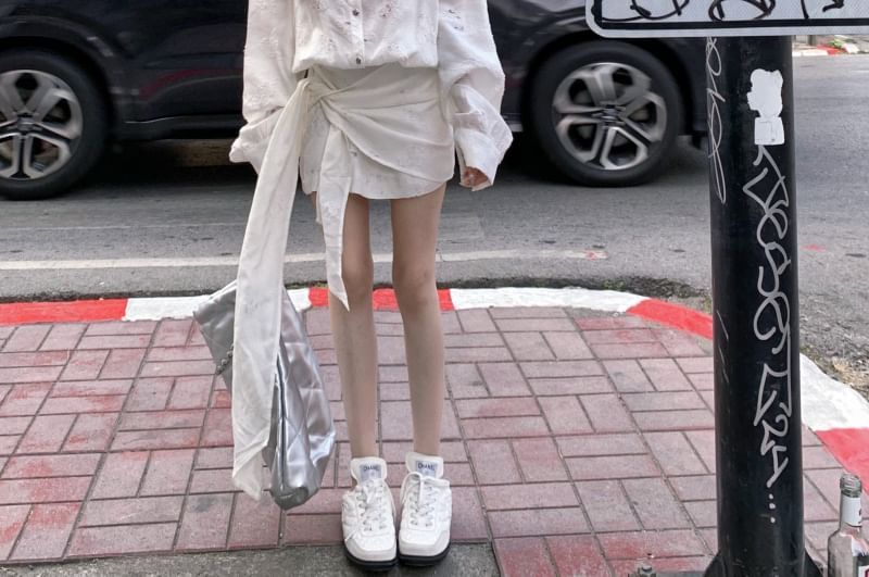 Puff-Sleeve Dress Button-Up A-Line Embroidered Floral Tie-Side Mini