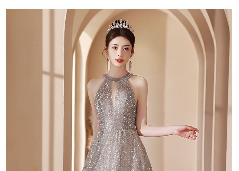 Neck Evening Sequin Gown Cutout A-Line Halter