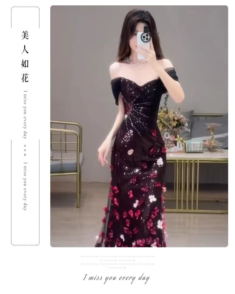 Floral Accent Mermaid Off-Shoulder Sequin Short-Sleeve Gown Evening