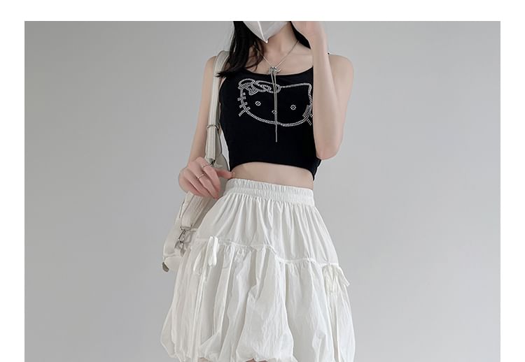 Plain Skirt Mini Hem Elastic Waist Bubble A-Line Bow