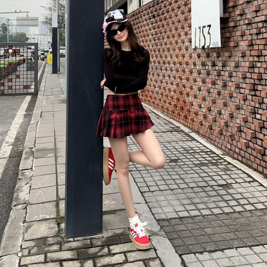 Plaid Waist High Pleated Mini A-Line Skirt