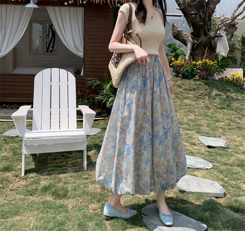 Midi A-Line Floral Elastic Skirt Waist