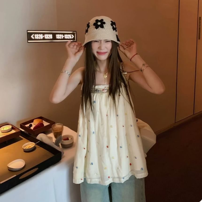 Accent Flowy Top Camisole Trim Frill Embroidered Bow