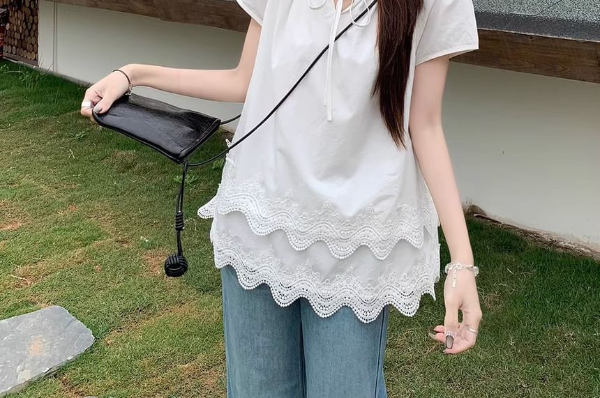 Tie Short-Sleeve Blouse Lace Panel Plain Notch Layered Neck Front
