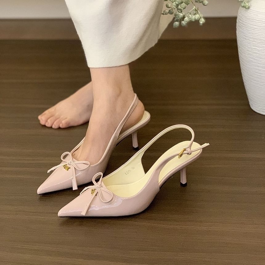 Pointed Slingback Toe Kitten Bow Pumps Heel