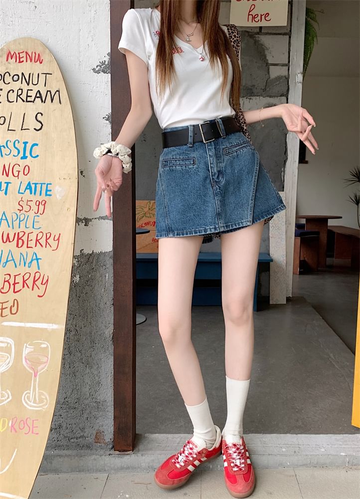 Asymmetrical High Skort Belt Denim + Set: Waist