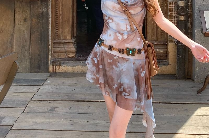 Mini Butterfly Asymmetrical Neck Print Dress Spaghetti A-Line Cowl Strap