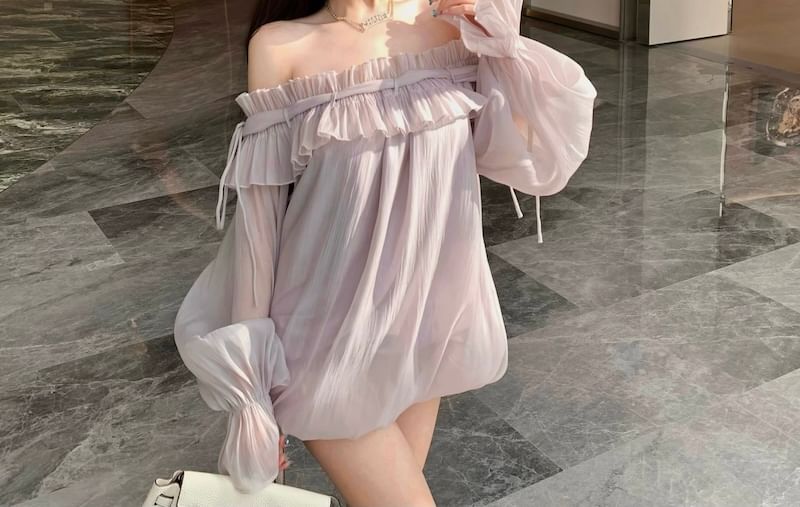 Plain Ruffle Off-Shoulder Trim Tunic Long-Sleeve Blouse