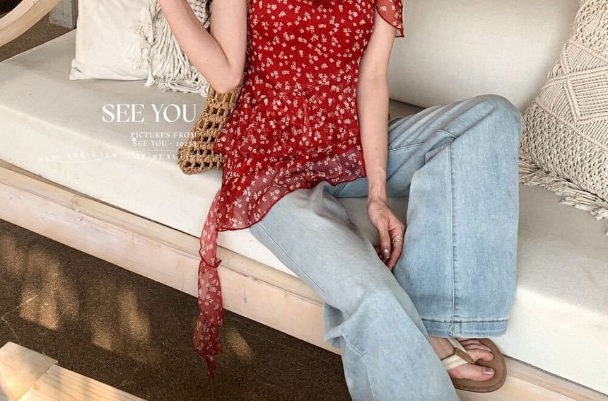 Floral Asymmetrical Trim + Scrunchie Ruffle Cami Set: Top