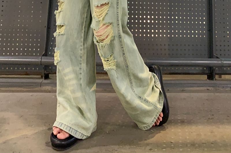 Leg Washed High Jeans Ripped Wide Rise