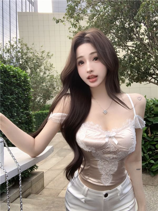 Bow Lace Fit Camisole Slim Top Crop Panel