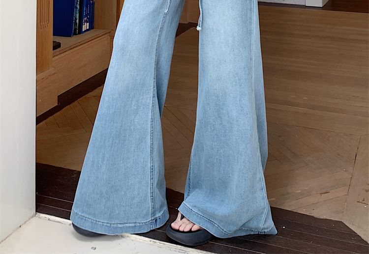 High Rise Washed Lace Panel Jeans Flared