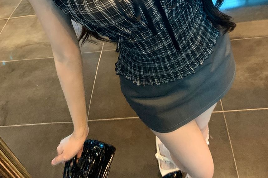 Bow Top Neck Short Square Sleeve Plaid Shirred