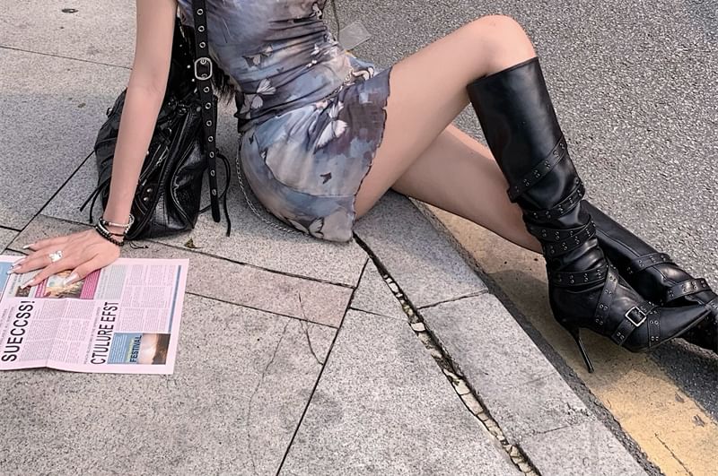 Sleeveless Neck Print Butterfly Mini A-Line Cowl Dress