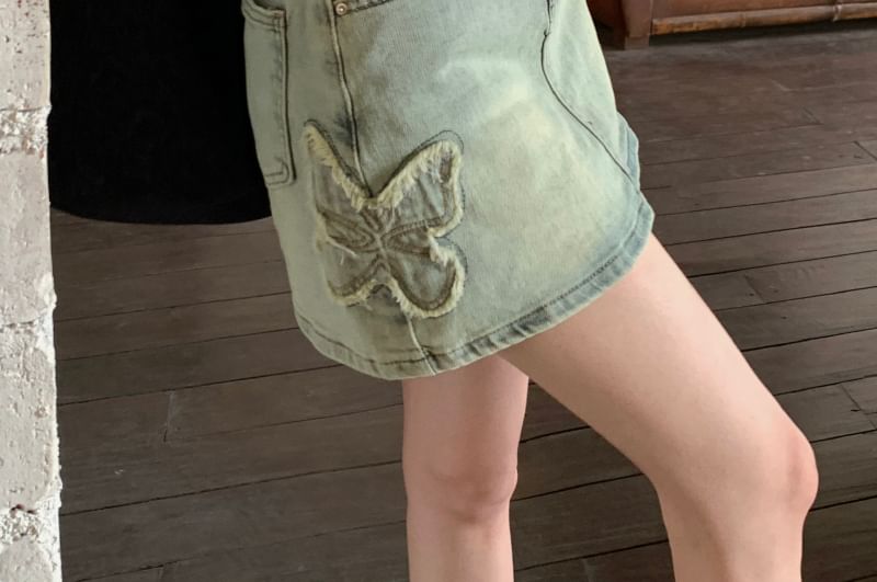 Denim Skirt Rise Applique High Washed Mini A-Line Butterfly