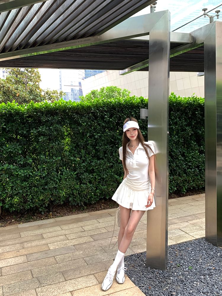 Dress Ruched Polo A-Line Sleeve Mini Short Plain