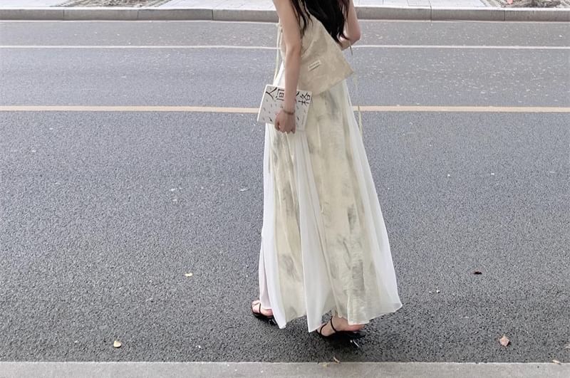 Print A-Line Spaghetti Strap Dress Midi