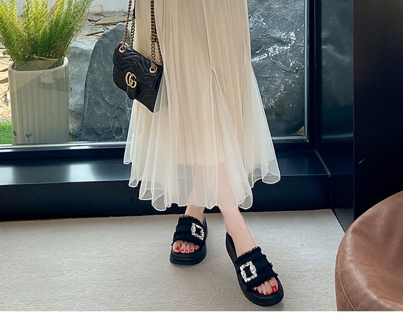Sandals Trim Buckled Slide Fringed Platform Rhinestone
