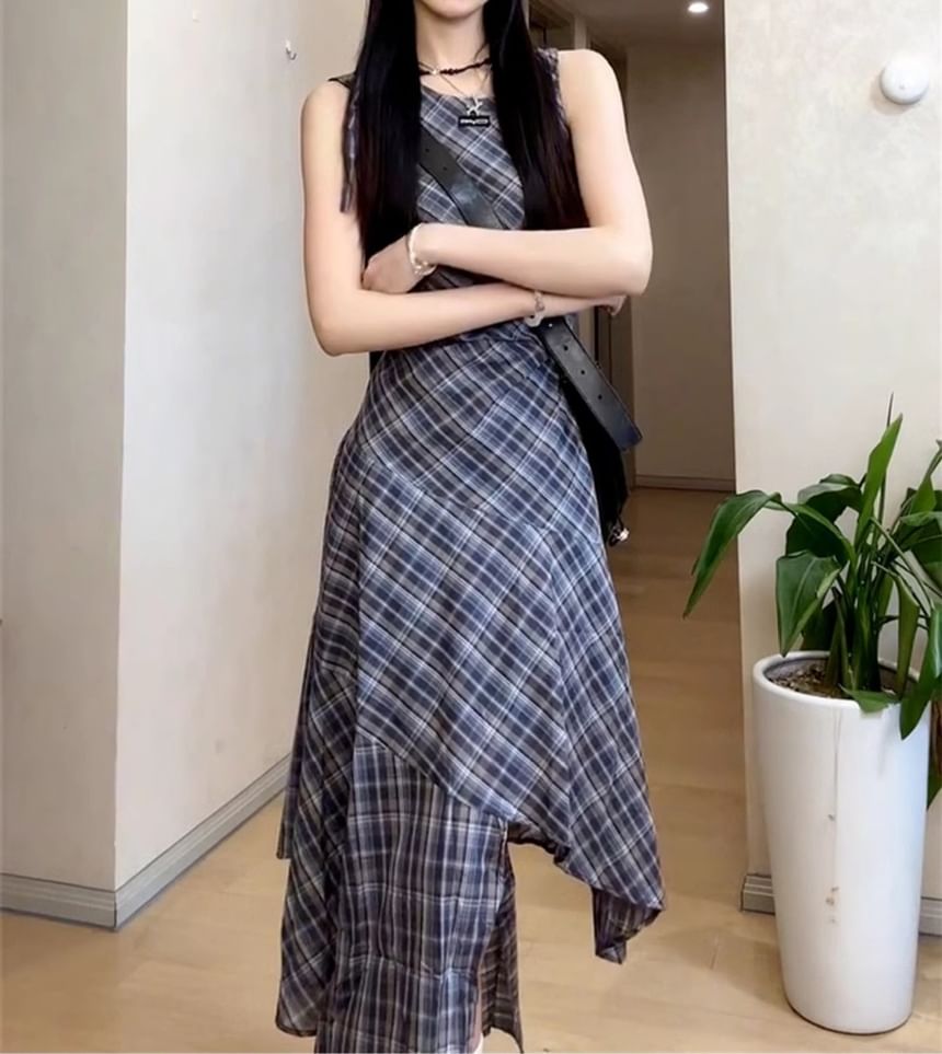 Plaid Neck Round Sleeveless A-Line Asymmetrical Dress Maxi