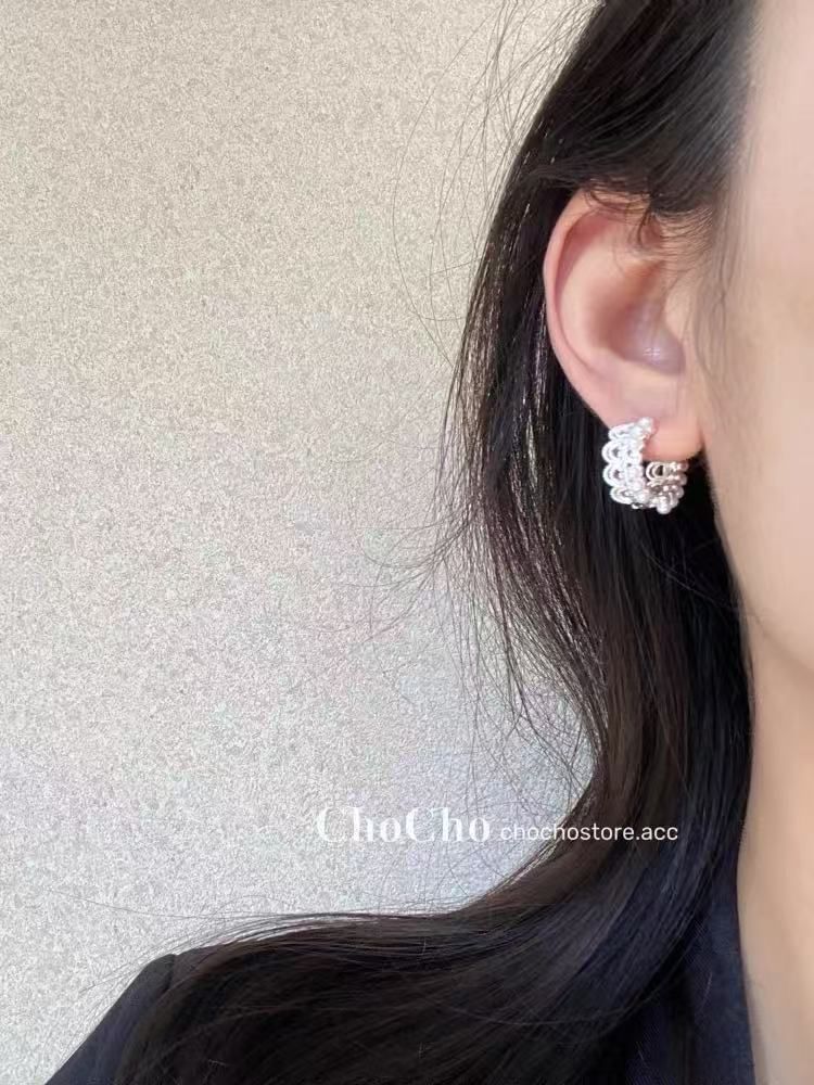 Pearl Lace Earring Huggie Alloy Faux