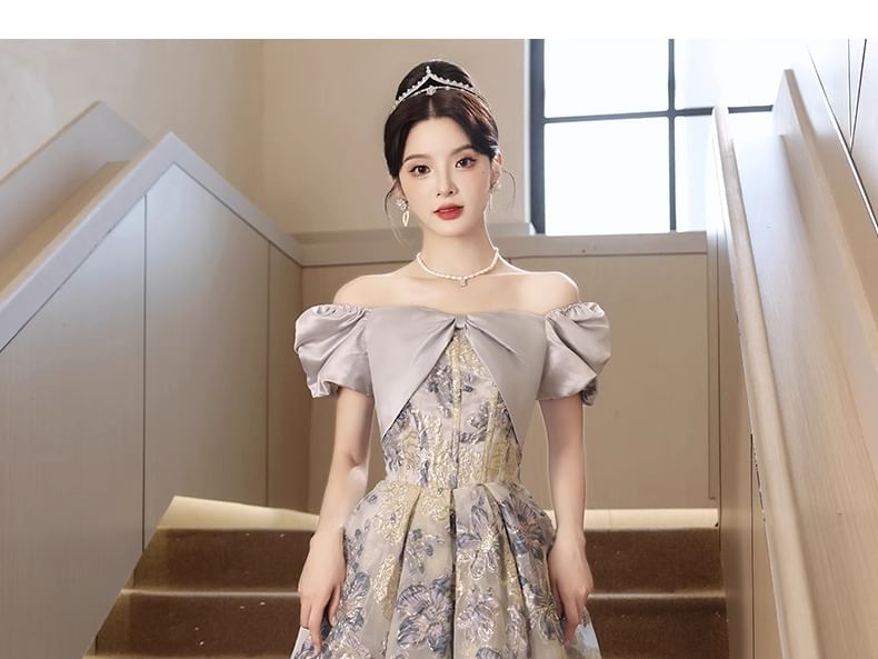 Short-Sleeve Floral Panel Ball Gown