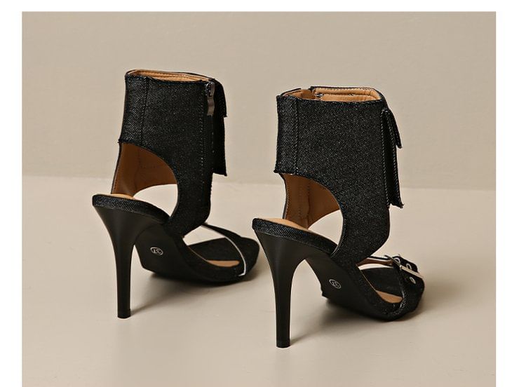 Heel High Sandals Buckled Denim Boot