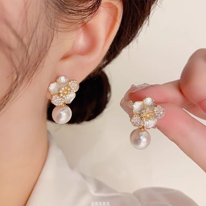 Pearl Earring Flower Drop CZ Faux