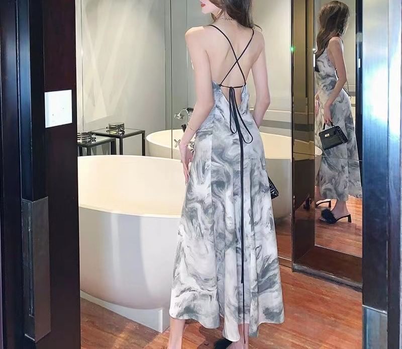 Spaghetti Maxi Print Strap Dress A-Line