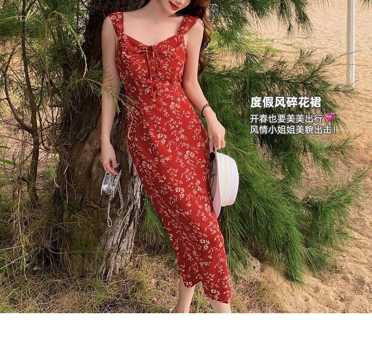 Print Sleeveless V-Neck Dress Sheath Maxi Floral