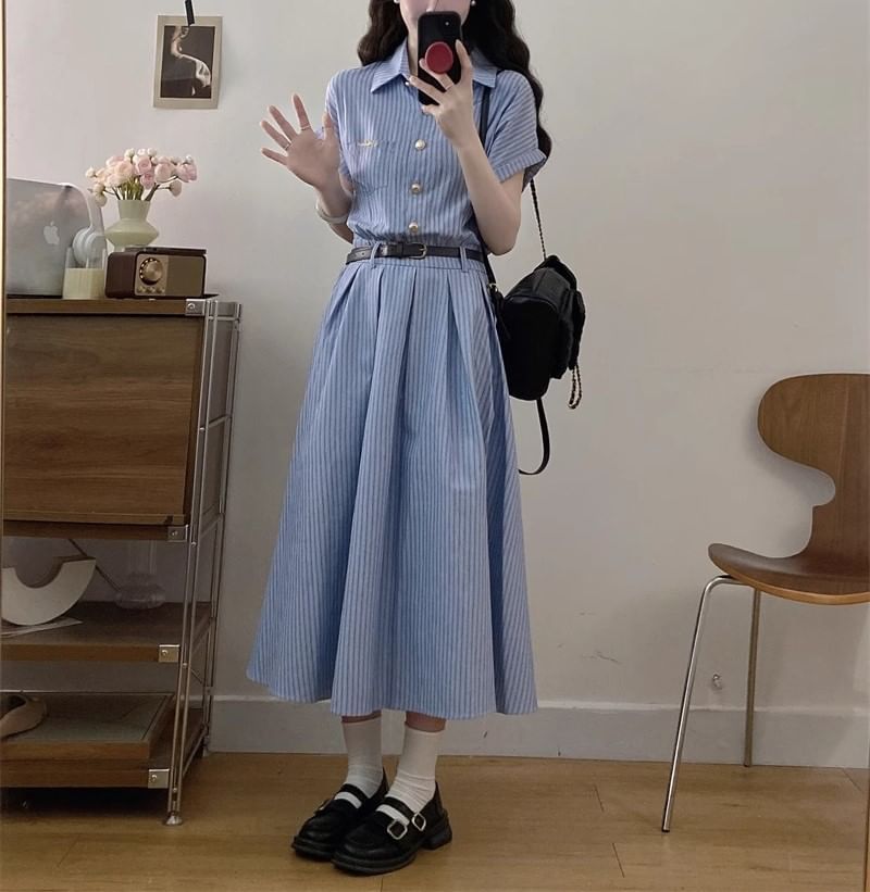 Striped Short-Sleeve Shirt Maxi Dress A-Line