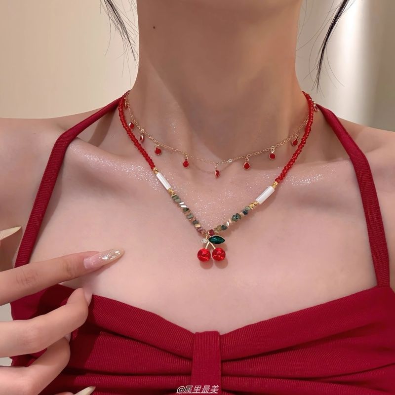 Beaded Necklace Pendant Layered Cherry