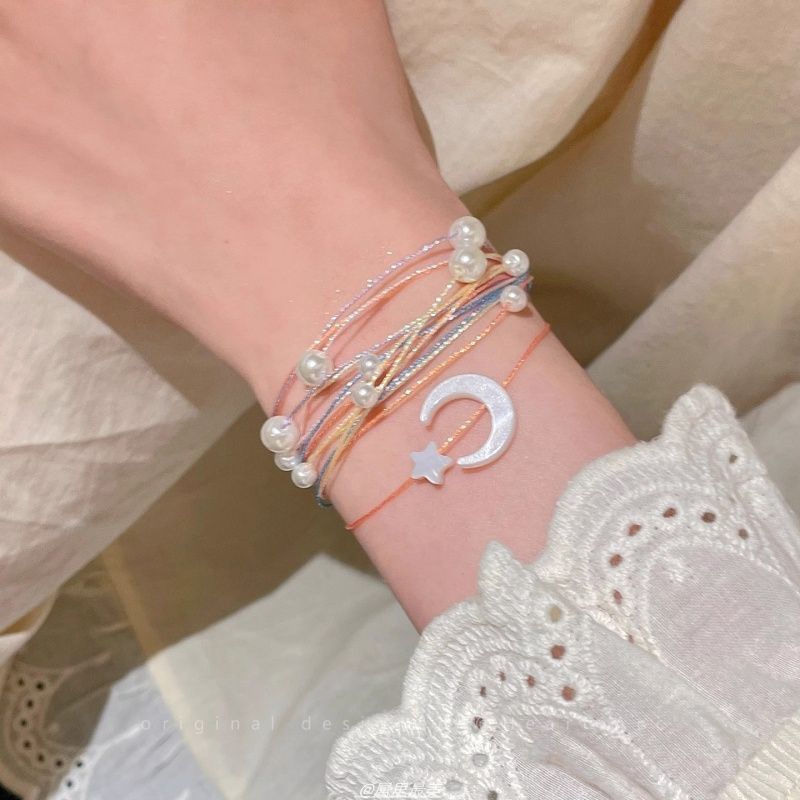 Layered Bracelet Pearl String Moon Faux