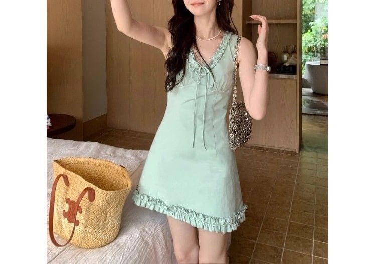 Trim Mini V-neck Ruffle Dress Sleeveless
