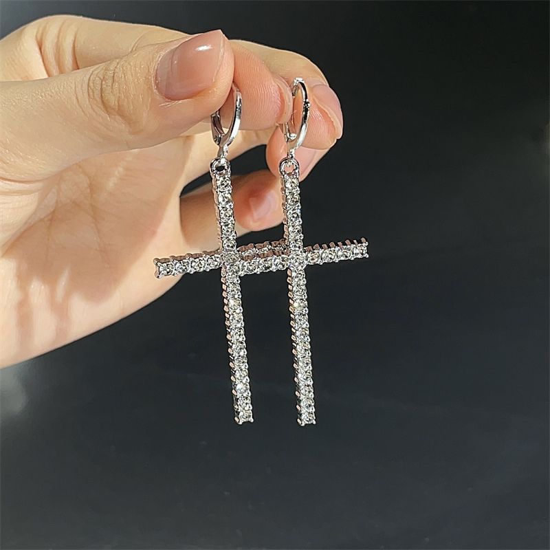 Huggie Rhinestone Cross Earring Drop