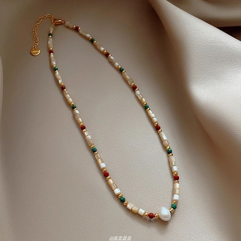 Gemstone Faux Bead Pearl Necklace Alloy